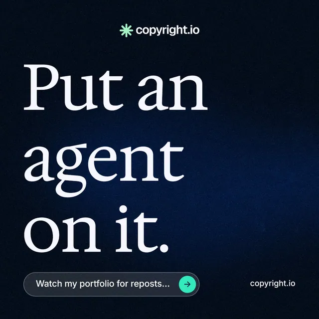 Instagram post for copyright.io: "Put an agent on it." Agentic glass style, poster layout, dark palette in black, blue.