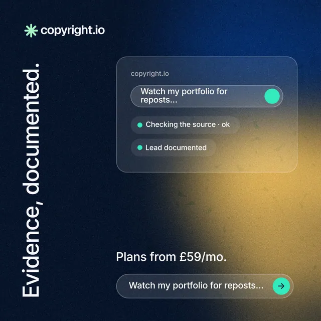 Instagram post for copyright.io: "Evidence, documented." Agentic glass style, vertical layout, dark palette in black, yellow, blue.