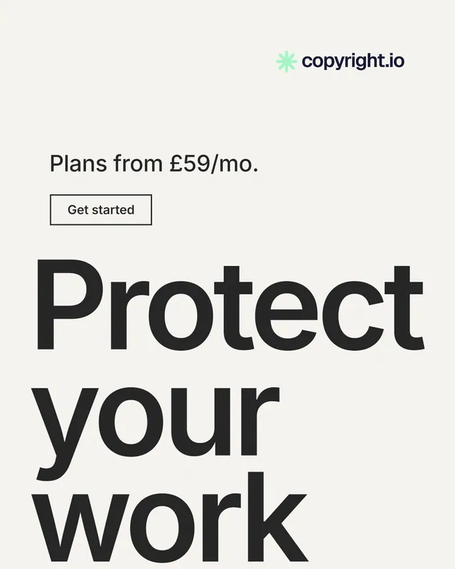 Instagram portrait post for copyright.io: "Protect your work." Editorial style, oversized layout, light palette in white, grey, green.