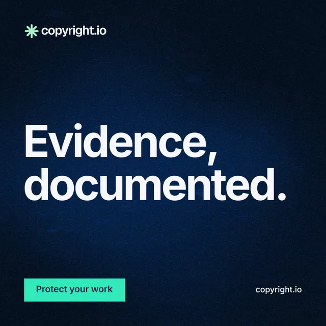 Instagram post for copyright.io: "Evidence, documented." Swiss style, poster layout, dark palette in black, blue, teal.