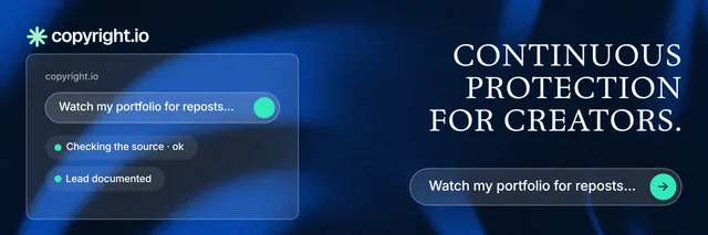 X header for copyright.io: "Continuous protection for creators." Agentic glass style, right layout, dark palette in black, blue.