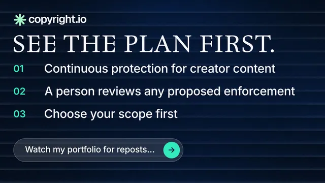 Landscape graphic for copyright.io: "See the plan first." Agentic glass style, numbered layout, dark palette in blue, black.