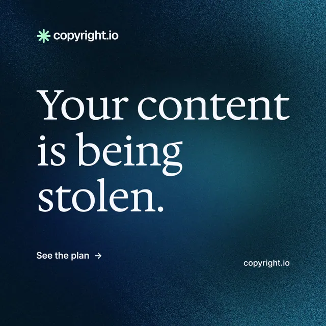 Instagram post for copyright.io: "Your content is being stolen." Minimal luxury style, poster layout, dark palette in black, blue.