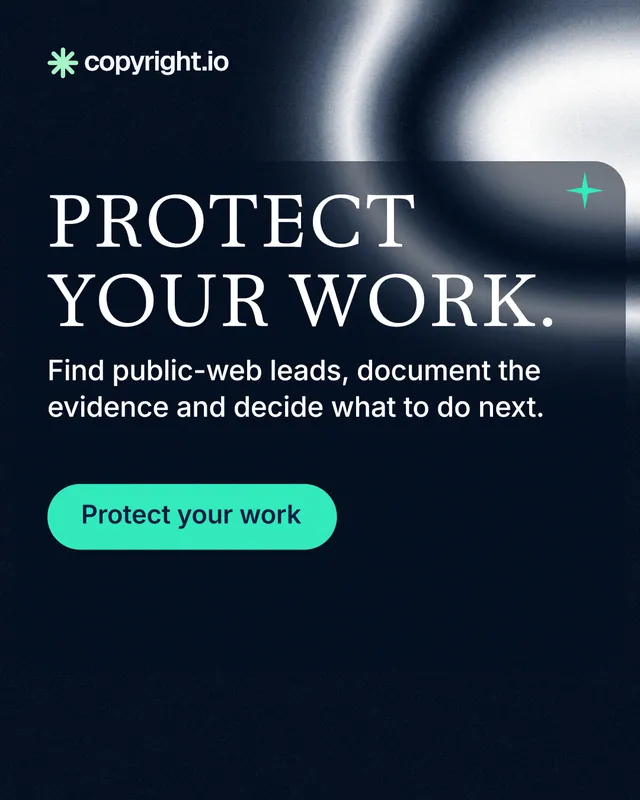 Instagram portrait post for copyright.io: "Protect your work." Y2K style, skeleton layout, dark palette in black, grey, blue.