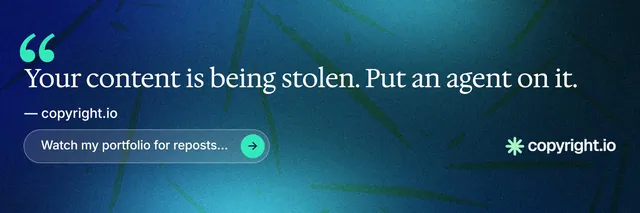 X header for copyright.io: "Put an agent on it." Agentic glass style, quote layout, dark palette in blue, teal.