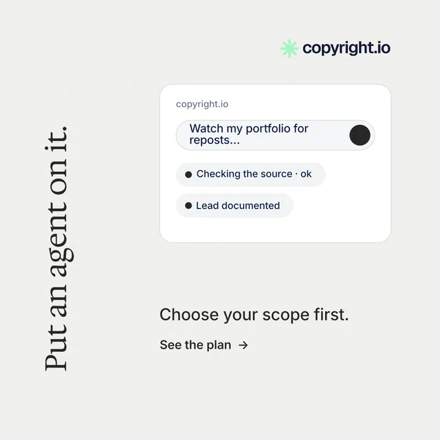 Instagram post for copyright.io: "Put an agent on it." Minimal luxury style, vertical layout, light palette in white.