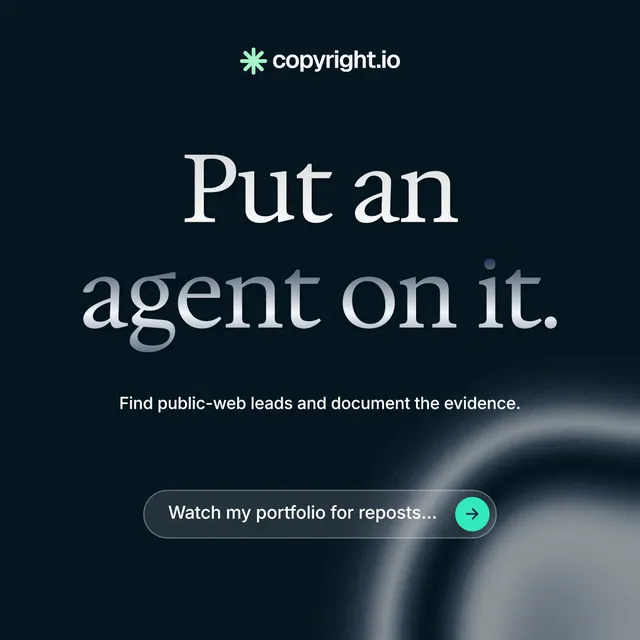 Instagram post for copyright.io: "Put an agent on it." Agentic glass style, centred layout, dark palette in black, grey.