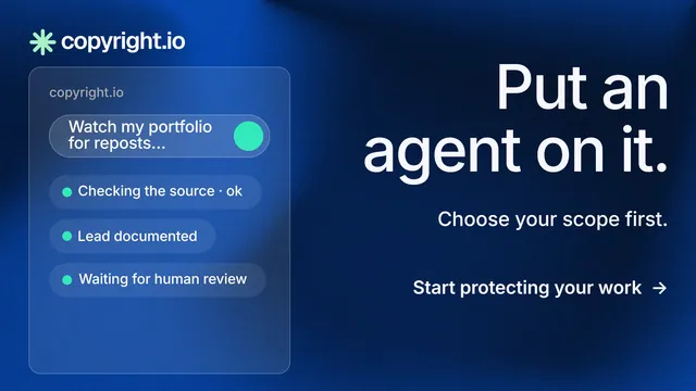 Landscape graphic for copyright.io: "Put an agent on it." Minimal luxury style, right layout, dark palette in blue.
