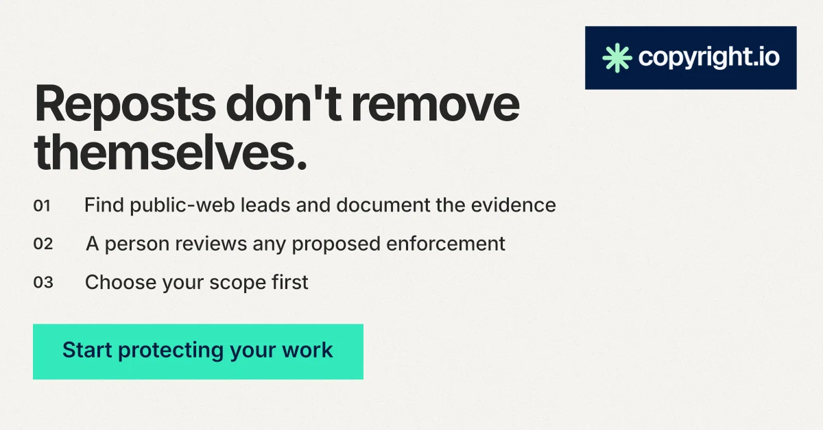 Social ad for copyright.io: "Reposts don't remove themselves." Swiss style, numbered layout, light palette in white, grey, teal.