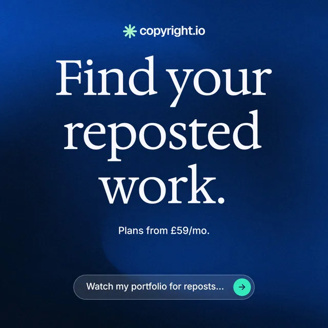 Instagram post for copyright.io: "Find your reposted work." Agentic glass style, centred layout, dark palette in blue, black.