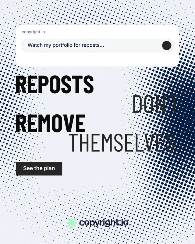Instagram portrait post for copyright.io: "Reposts don't remove themselves." Retro print style, stacked layout, light palette in white, grey.