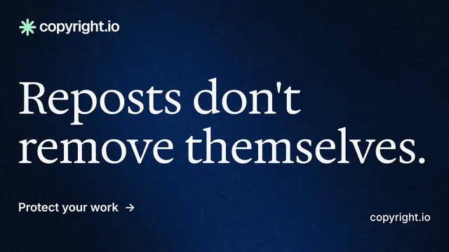 Landscape graphic for copyright.io: "Reposts don't remove themselves." Minimal luxury style, poster layout, dark palette in black, blue, grey.