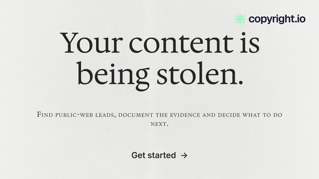 Landscape graphic for copyright.io: "Your content is being stolen." Minimal luxury style, smallcaps layout, light palette in white, grey.