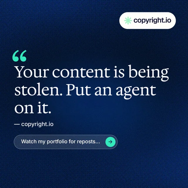 Instagram post for copyright.io: "Evidence, documented." Agentic glass style, quote layout, dark palette in blue, black, grey.