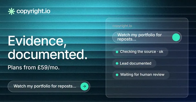 Social ad for copyright.io: "Evidence, documented." Agentic glass style, bottom layout, dark palette in teal, black, blue.