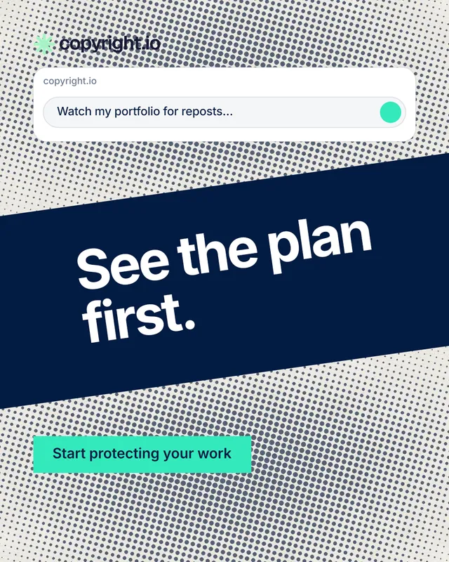 Instagram portrait post for copyright.io: "See the plan first." Swiss style, diagonal layout, light palette in grey, blue, white.