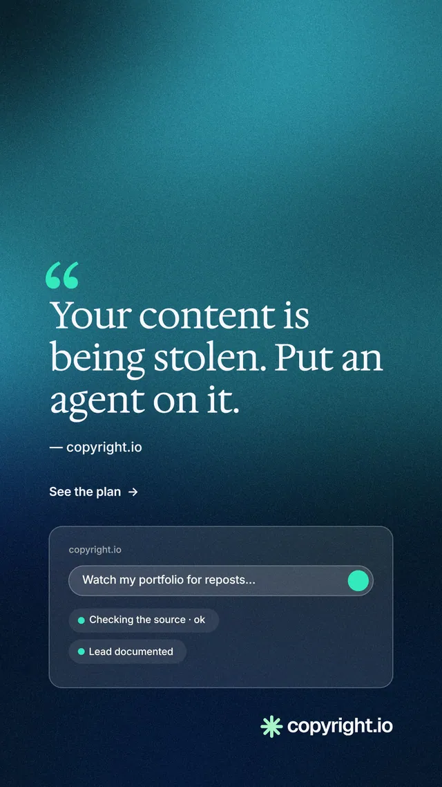 Instagram story for copyright.io: "Continuous protection for creators." Minimal luxury style, quote layout, dark palette in teal, blue.