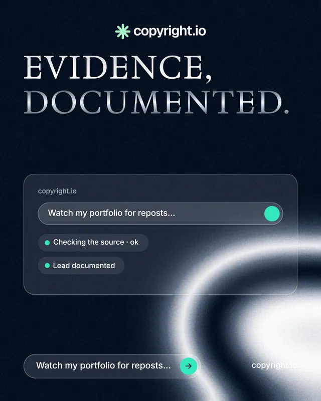 Instagram portrait post for copyright.io: "Evidence, documented." Agentic glass style, poster layout, dark palette in black, blue, grey.
