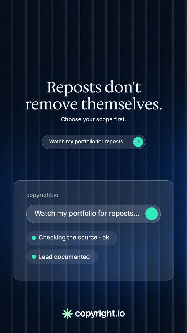 Instagram story for copyright.io: "Reposts don't remove themselves." Agentic glass style, centred layout, dark palette in black, blue.