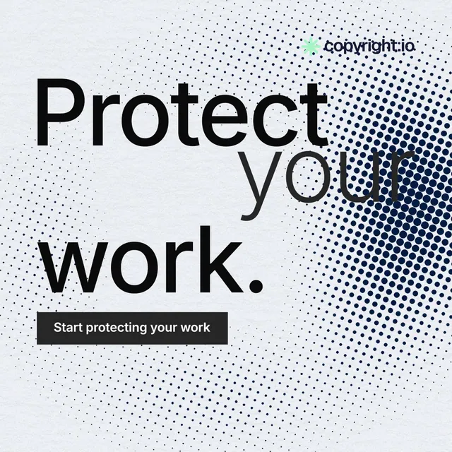 Instagram post for copyright.io: "Protect your work." Retro print style, stacked layout, light palette in blue, white, grey.