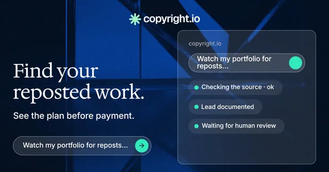 Social ad for copyright.io: "Find your reposted work." Agentic glass style, bottom layout, dark palette in blue, black.