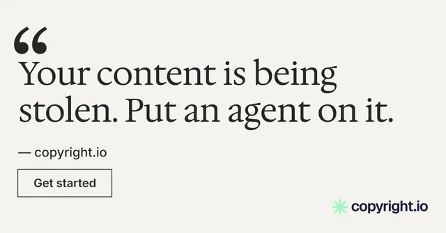 Social ad for copyright.io: "Evidence, documented." Editorial style, quote layout, light palette in white, grey.