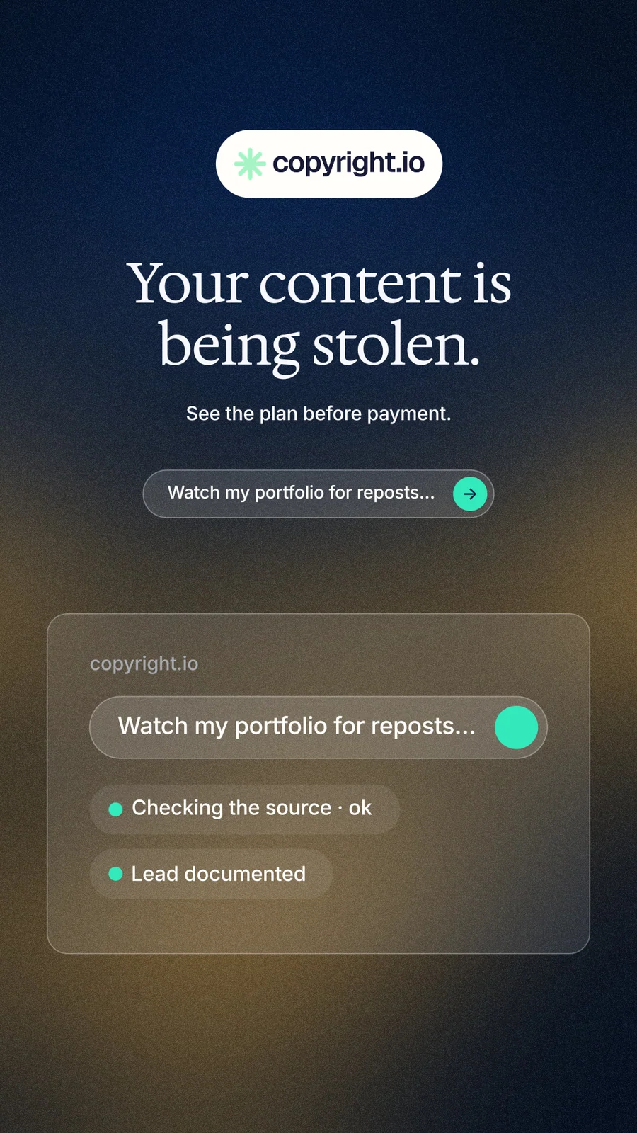 Instagram story for copyright.io: "Your content is being stolen." Agentic glass style, centred layout, dark palette in black, grey.