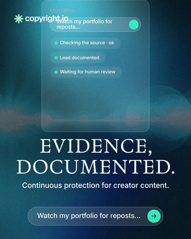 Instagram portrait post for copyright.io: "Evidence, documented." Agentic glass style, skeleton layout, dark palette in blue, teal.