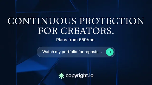 Landscape graphic for copyright.io: "Continuous protection for creators." Agentic glass style, skeleton layout, dark palette in blue, black.