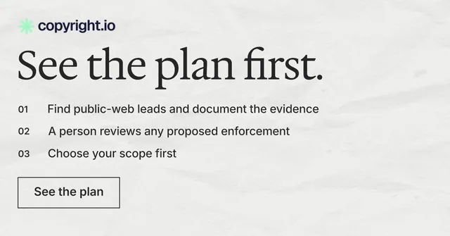 Social ad for copyright.io: "See the plan first." Editorial style, numbered layout, light palette in white, grey.