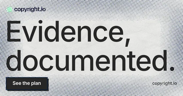 Social ad for copyright.io: "Evidence, documented." Brutalist style, poster layout, light palette in grey, white.