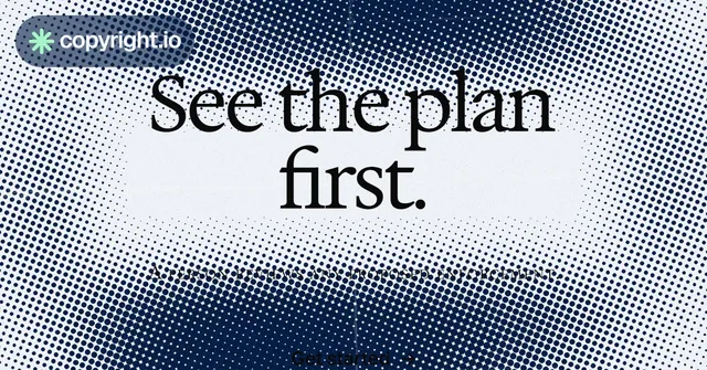 Social ad for copyright.io: "See the plan first." Swiss style, smallcaps layout, light palette in grey, blue, white.