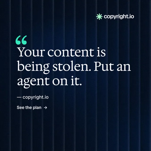 Instagram post for copyright.io: "Your content is being stolen." Minimal luxury style, quote layout, dark palette in black, blue.