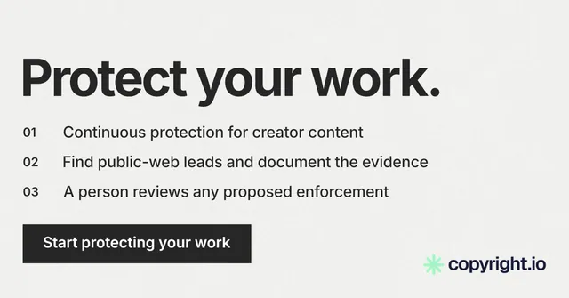 Social ad for copyright.io: "Protect your work." Swiss style, numbered layout, light palette in white, grey.