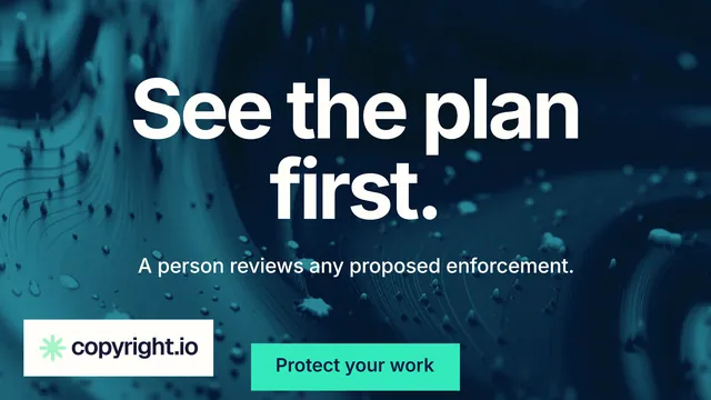Landscape graphic for copyright.io: "See the plan first." Swiss style, centred layout, dark palette in blue, black, teal.
