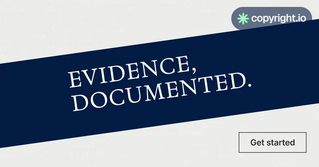 Social ad for copyright.io: "Evidence, documented." Editorial style, diagonal layout, light palette in white, blue.