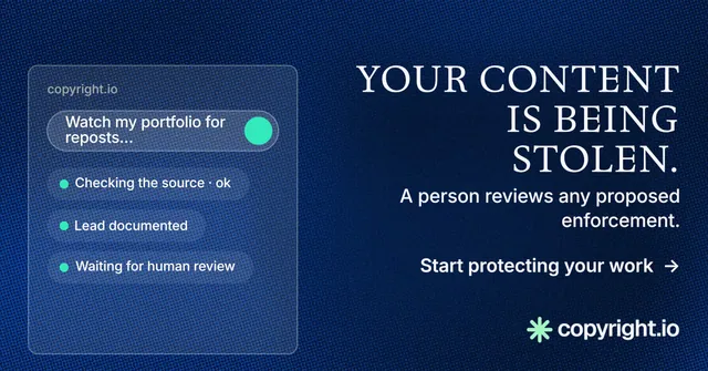 Social ad for copyright.io: "Your content is being stolen." Minimal luxury style, right layout, dark palette in blue.