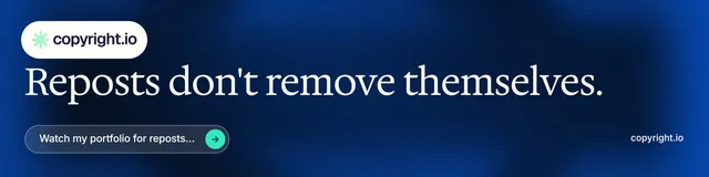 LinkedIn banner for copyright.io: "Reposts don't remove themselves." Agentic glass style, poster layout, dark palette in blue, black, grey.