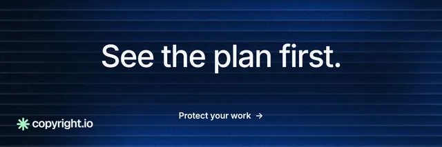 X header for copyright.io: "See the plan first." Minimal luxury style, centred layout, dark palette in blue, black.