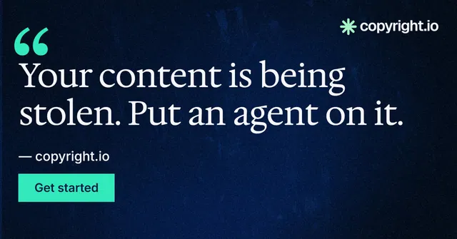 Social ad for copyright.io: "Protect your work." Swiss style, quote layout, dark palette in blue, black, teal.