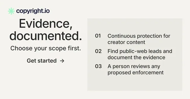 Social ad for copyright.io: "Evidence, documented." Minimal luxury style, skeleton layout, light palette in white, grey.