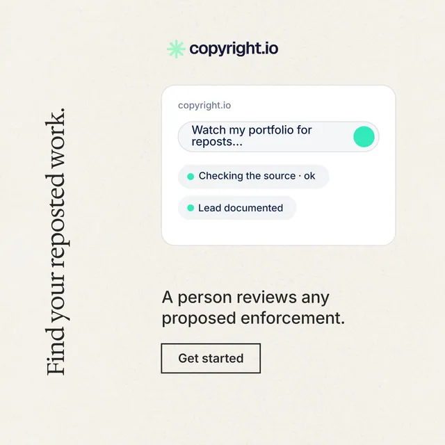Instagram post for copyright.io: "Find your reposted work." Editorial style, vertical layout, light palette in white.