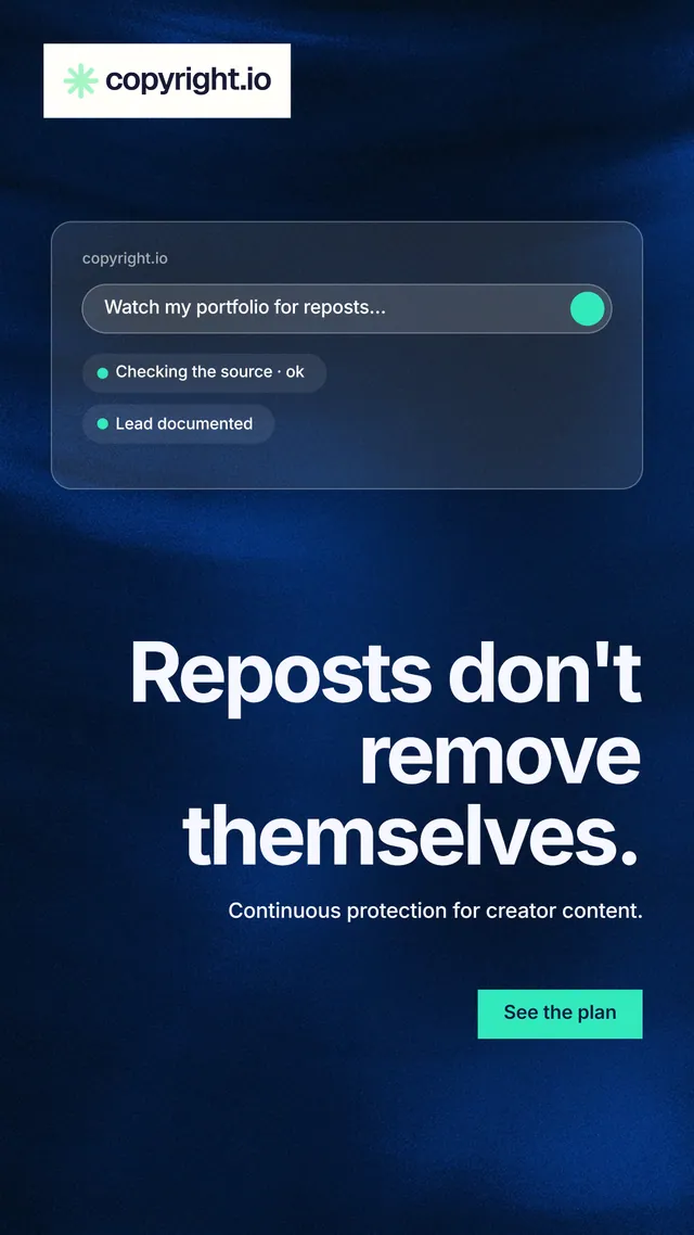 Instagram story for copyright.io: "Reposts don't remove themselves." Swiss style, right layout, dark palette in blue, black, grey.
