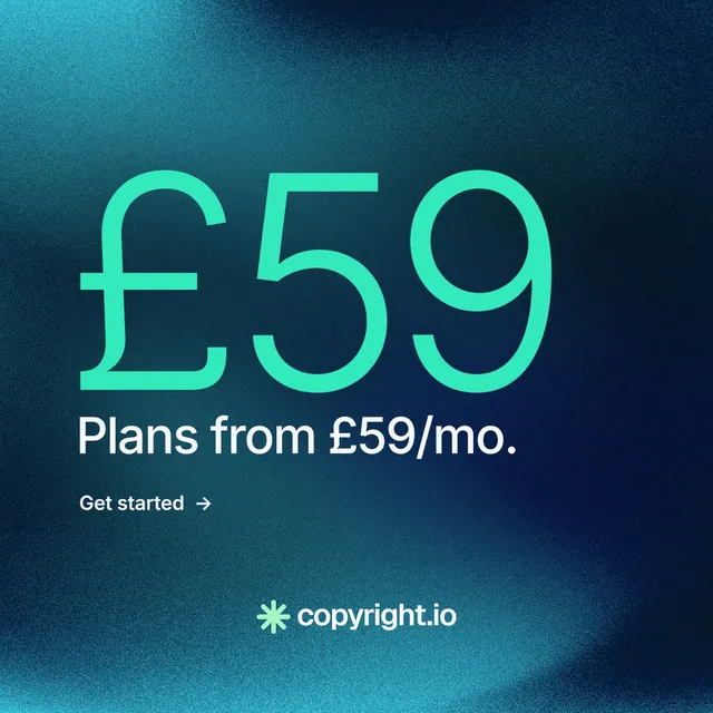 Instagram post for copyright.io: "Put an agent on it." Minimal luxury style, stat layout, dark palette in blue, teal.