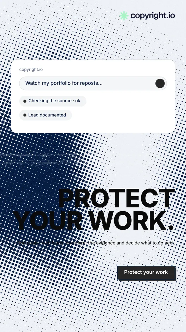 Instagram story for copyright.io: "Protect your work." Brutalist style, right layout, light palette in blue, grey, white.