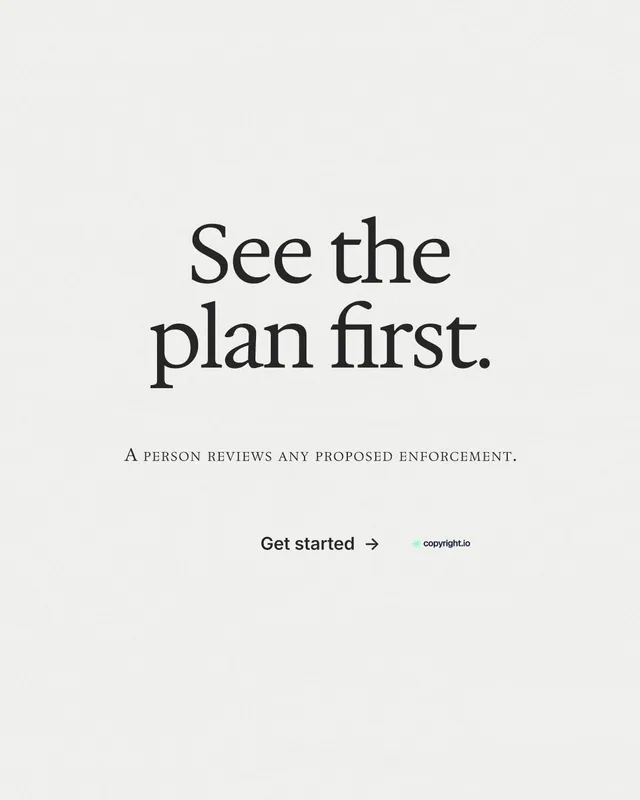 Instagram portrait post for copyright.io: "See the plan first." Minimal luxury style, smallcaps layout, light palette in white, grey.