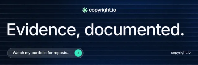 X header for copyright.io: "Evidence, documented." Agentic glass style, poster layout, dark palette in blue, black, grey.