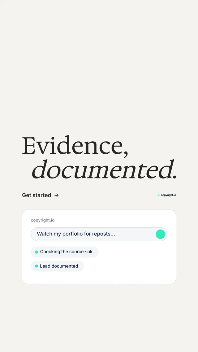 Instagram story for copyright.io: "Evidence, documented." Minimal luxury style, stacked layout, light palette in white.