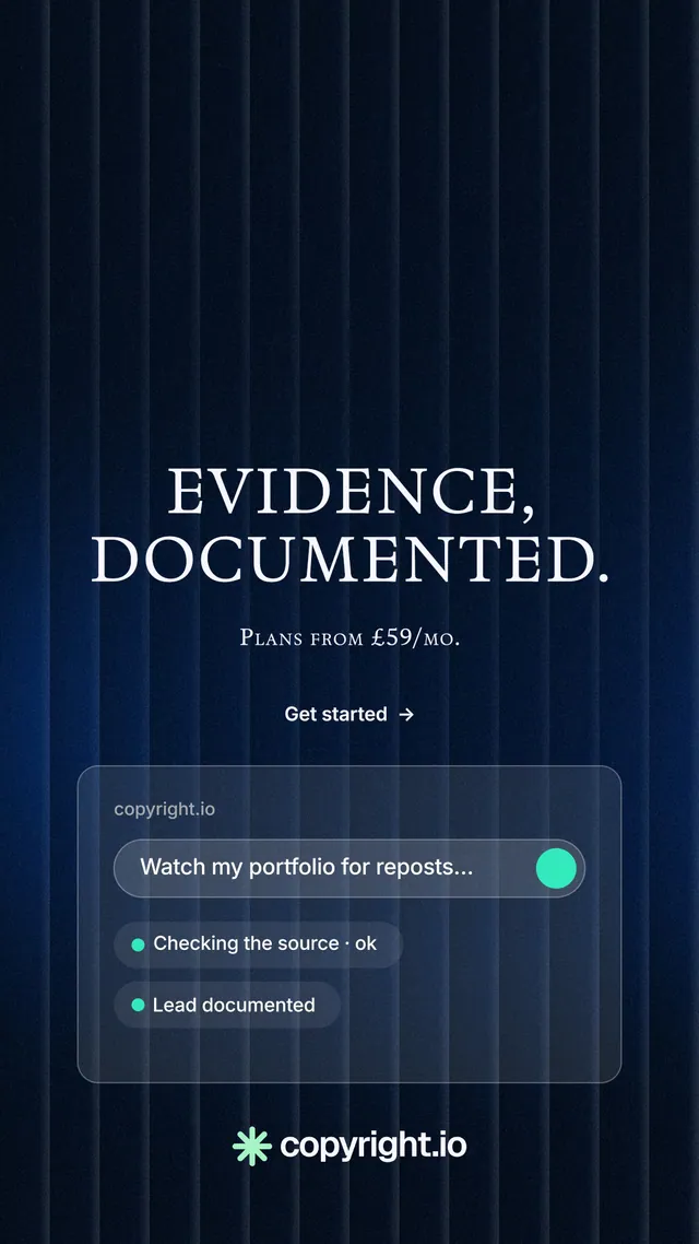 Instagram story for copyright.io: "Evidence, documented." Minimal luxury style, smallcaps layout, dark palette in blue, black.