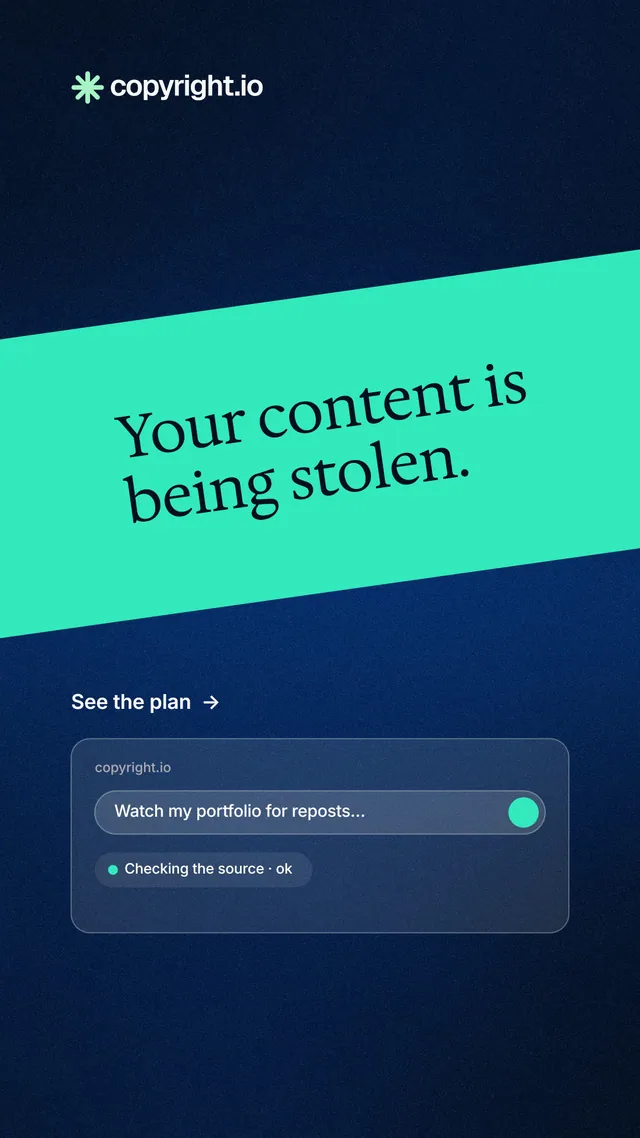 Instagram story for copyright.io: "Your content is being stolen." Minimal luxury style, diagonal layout, dark palette in black, blue, teal.